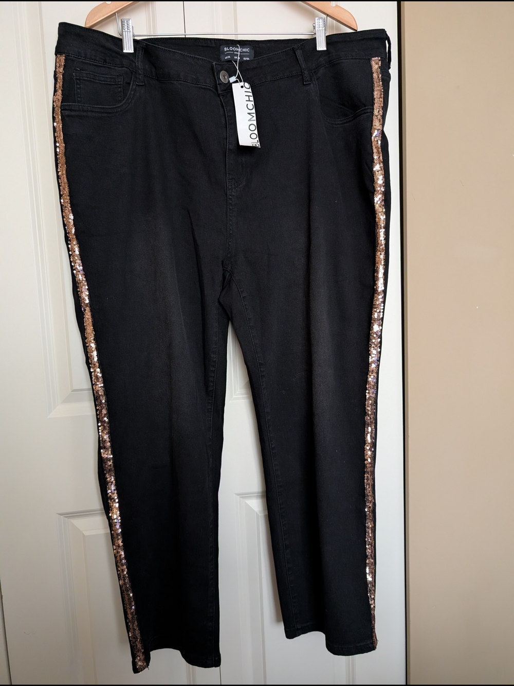 BloomChic Black Skinny Jeans with Rose Gold Sequin Side Stripe